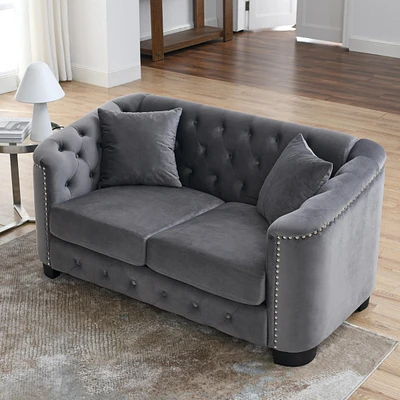 Classic Chesterfield Sofa Velvet Upholstery, Nailhead Trim, Solid Wood Frame