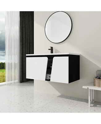 Wall-Mounted Vanity with Soft-Close Doors and Ceramic Sink