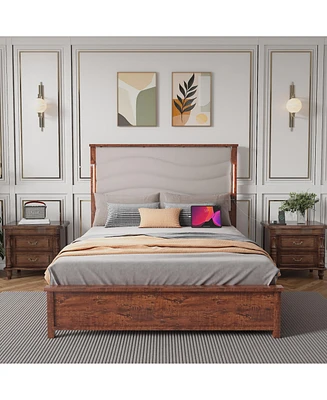 Queen Size Bed Frame with Upholstered Headboard, Queen Bed Frame with Charging Station and Led Lights, Wood Slats, Beige Linen, No Box Spring Needed,