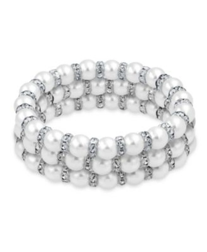 Bling Jewelry Set Of 3 White Simulated Pearl Stretch Bracelets With Crystal Spacers