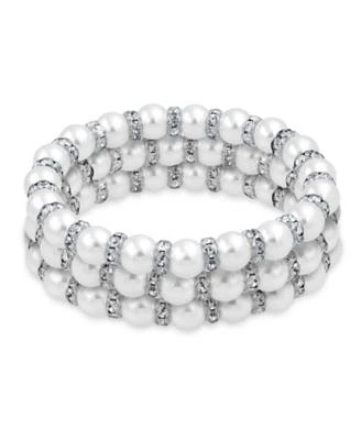 Bling Jewelry Set Of 3 White Simulated Pearl Stretch Bracelets With Crystal Spacers