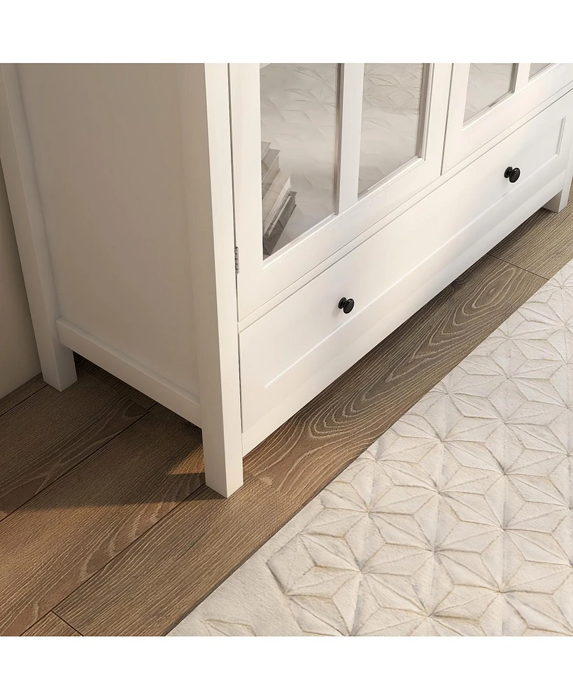 Buffet Storage Cabinet With Double Glass Doors And Unique Bell Handle