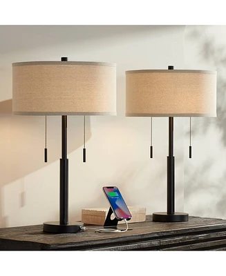 Bernie Industrial Nightstand Table Lamp 25" High Set of 2 with Hotel Style Usb Charging Port Rich Bronze Metal Fabric Drum Shade for Living Room