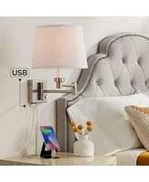 Vero Modern Swing Arm Wall Lamp with Usb Charging Port Brushed Nickel Plug-In Light Fixture White Drum Shade for Bedroom Bedside House Reading Living