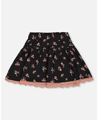 Deux par Deux Big Girls Printed Flowers Flare Viscose Skirt Black