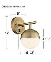360 Lighting Luna Mid Century Modern Indoor Wall Mount Lamp Antique Brass Plug-In Light Fixture Frosted Glass Globe Shade for Bedroom Bedside House Re