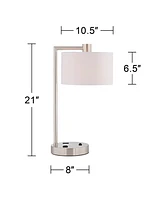 Colby Modern Desk Table Lamp with Hotel Style Usb and Ac Power Outlet in Base 21" High Brushed Nickel White Linen Drum Shade for Living Room Bedr