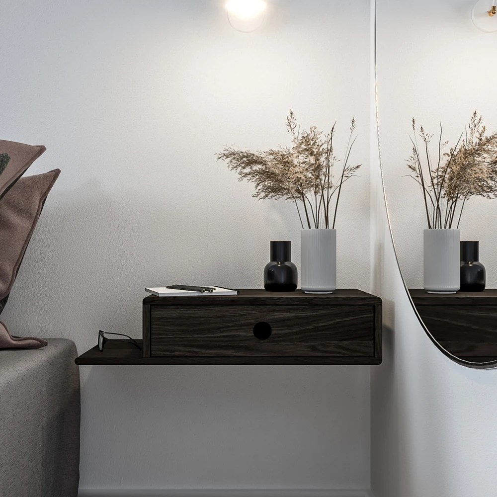 Woodek Black Hardwood Nightstand with an Open Shelf on the Left and a Drawer - Side Table for Bedroom