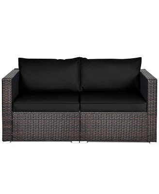 2 Pieces Patio Rattan Sectional Conversation Sofa Set