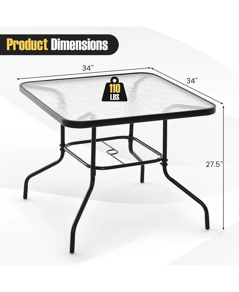 Givimo 34 Inch Outdoor Dining Table Square Tempered Glass Table with 1.5 Inch Umbrella Hole