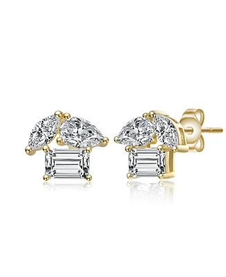 Sterling Silver 14k Gold Plated Marquise & Green Cut Triple Stone Stud Earrings
