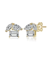 Sterling Silver 14k Gold Plated Marquise & Green Cut Triple Stone Stud Earrings