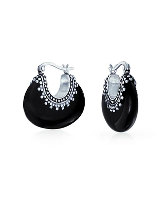 Bling Jewelry Boho Bali Style Tribal Oval Half Crescent Stone Hoop Earrings Oxidized Milgrain Caviar Bead Sterling Silver