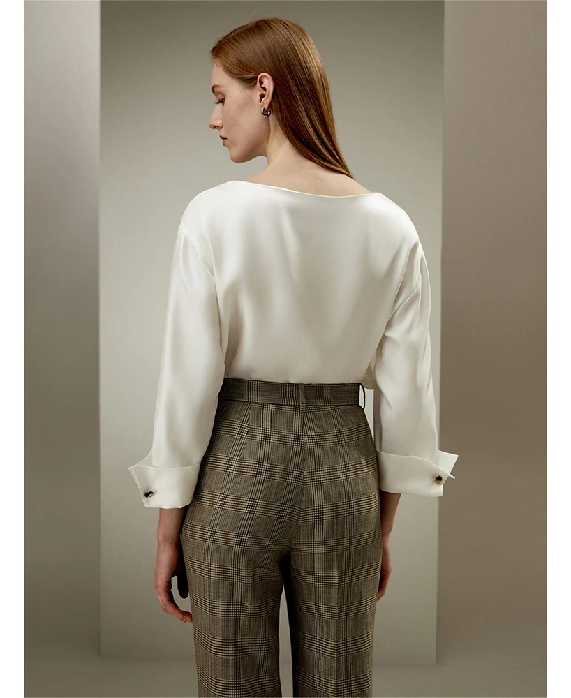 Silk Twill Blouse with Boat Neckline for Women