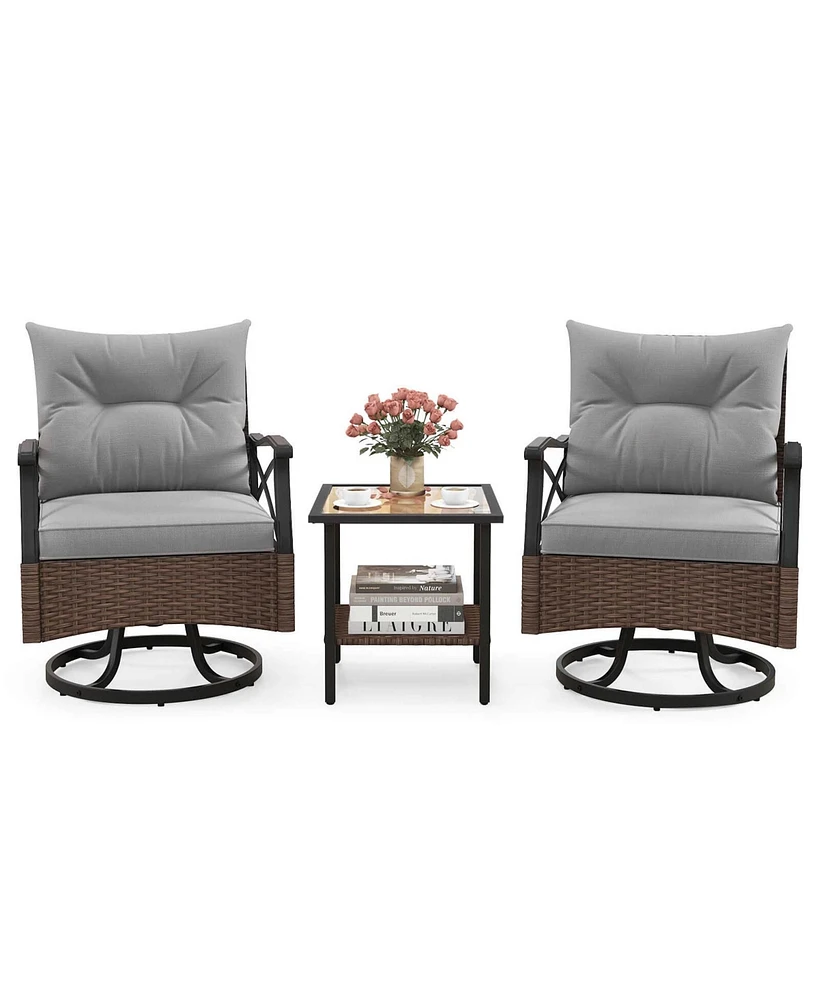 3 Pcs Patio Swivel Rocker Set with 2-Tier Coffee Table & Cozy Seat Back Cushions