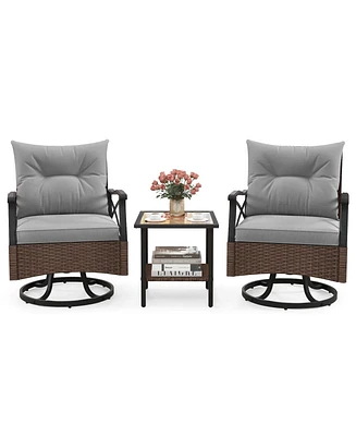 3 Pcs Patio Swivel Rocker Set with 2-Tier Coffee Table & Cozy Seat Back Cushions