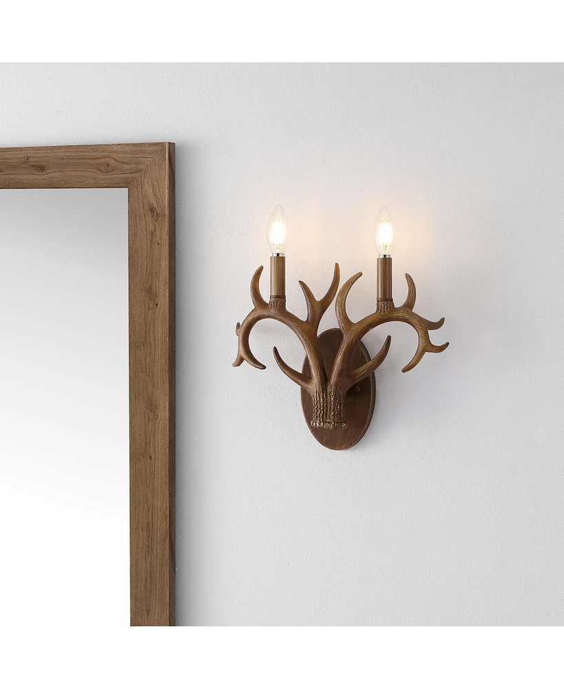 Jonathan Y Oakley 13.25" 2-Light Southwestern Bohemian Resin/Iron Faux Antler Led Sconce, Brown Wood Finish