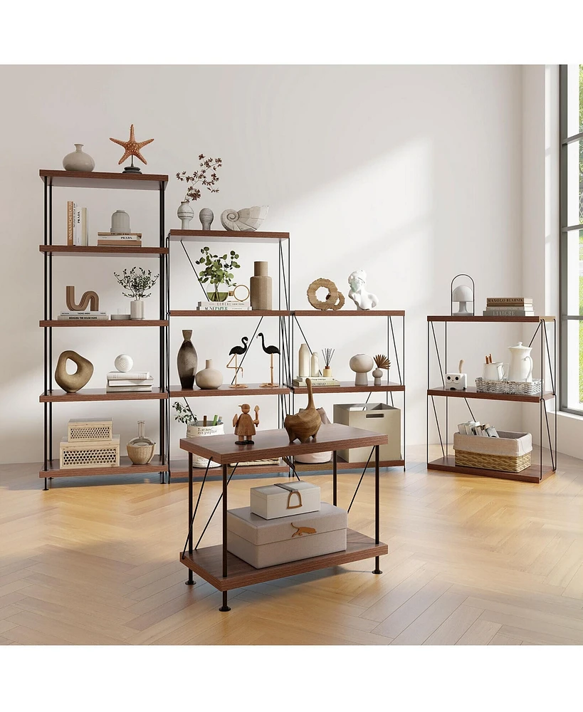 Gymax -Tier Multipurpose Display Rack Freestanding Bookshelf w/ Metal Frame Walnut
