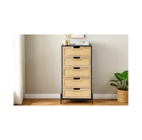 Modern Rattan 5 Drawers Dresser, Double Dresser for Bedroom, Chest of Drawers Closet Organizers and Storage Clothes for Bedroom Living Room Hallway Of