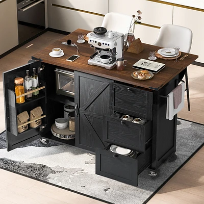 Black Farmhouse Kitchen Island with Storage, Drop Leaf, Power Outlet, Wheels