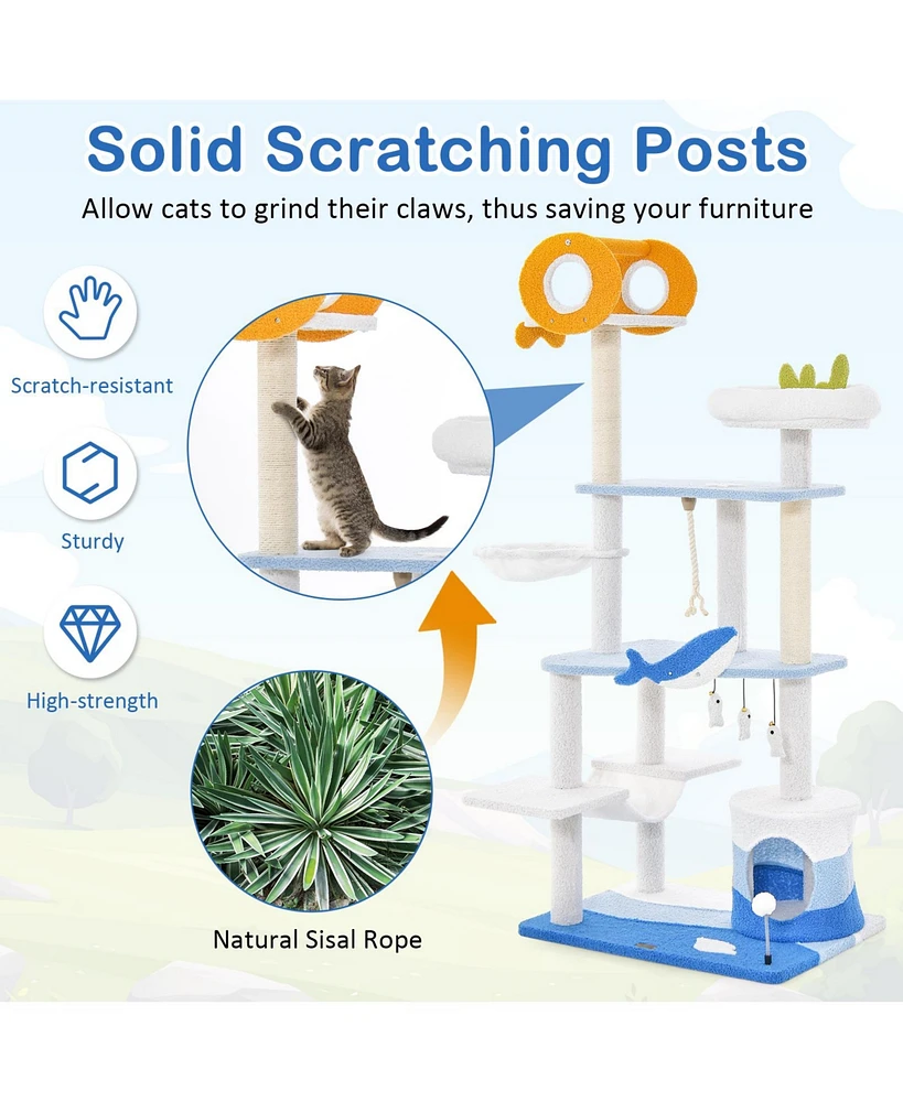 Skonyon Multi-level Ocean-themed Cat Tree Tower with Sisal Covered Scratching Posts-Blue