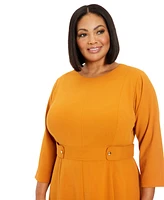 London Times Plus Size 3/4-Sleeve Tab-Waist Fit & Flare Dress