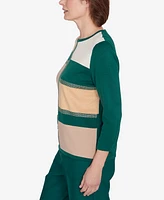 Alfred Dunner Petite Emerald Isle Color Blocking Gold Trim Sweater