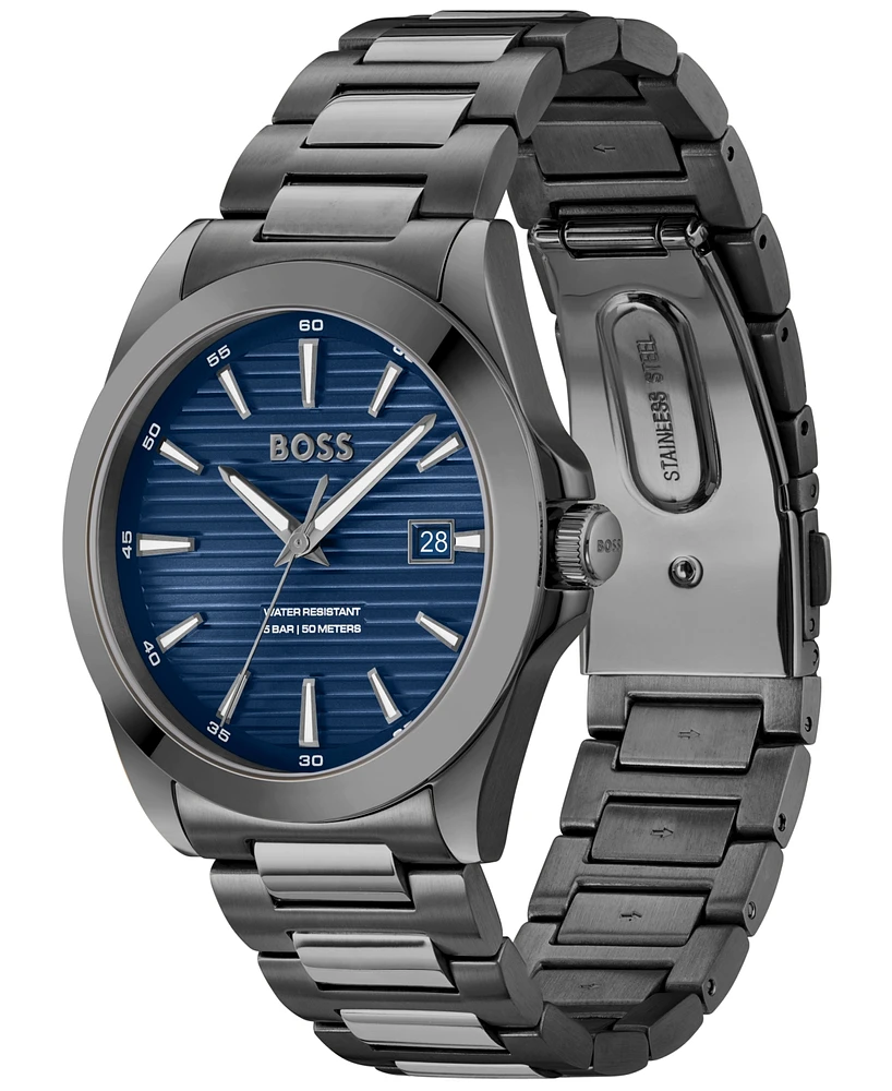 Hugo Boss Men's Strike Quartz Basic Calendar Ionic Plated Grey Steel Watch 41mm