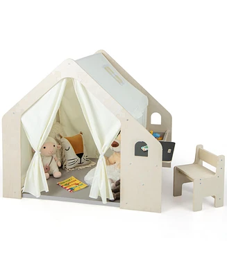 Montessori Style Indoor Playhouse with Storage Bin and Floor Mat for Toddlers Aged 2-6 Years Old-Beige