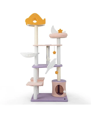 66 Inch Cute Cat Tree Cats Multi-level Tall Cat Tower with Sisal Covered Scratching Posts-Purple