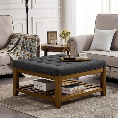 Linen-Tufted Coffee Table Ottoman with Beechwood Shelf and Frame