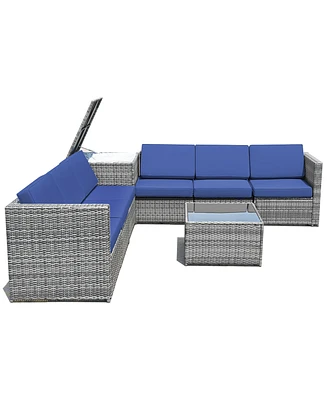 8 Pcs Wicker Sofa Rattan Furniture Set Patio Furniture w/ Storage Outdoor