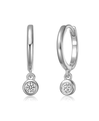 Genevive Sterling Silver White Gold Plated with Lab Created Moissanite Drop Solitaire Hoop Earrings