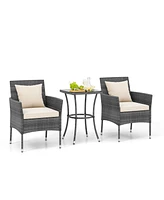 3 Pieces Patio Furniture Set with Cushioned Patio Chairs and Tempered Glass Coffee Table-White