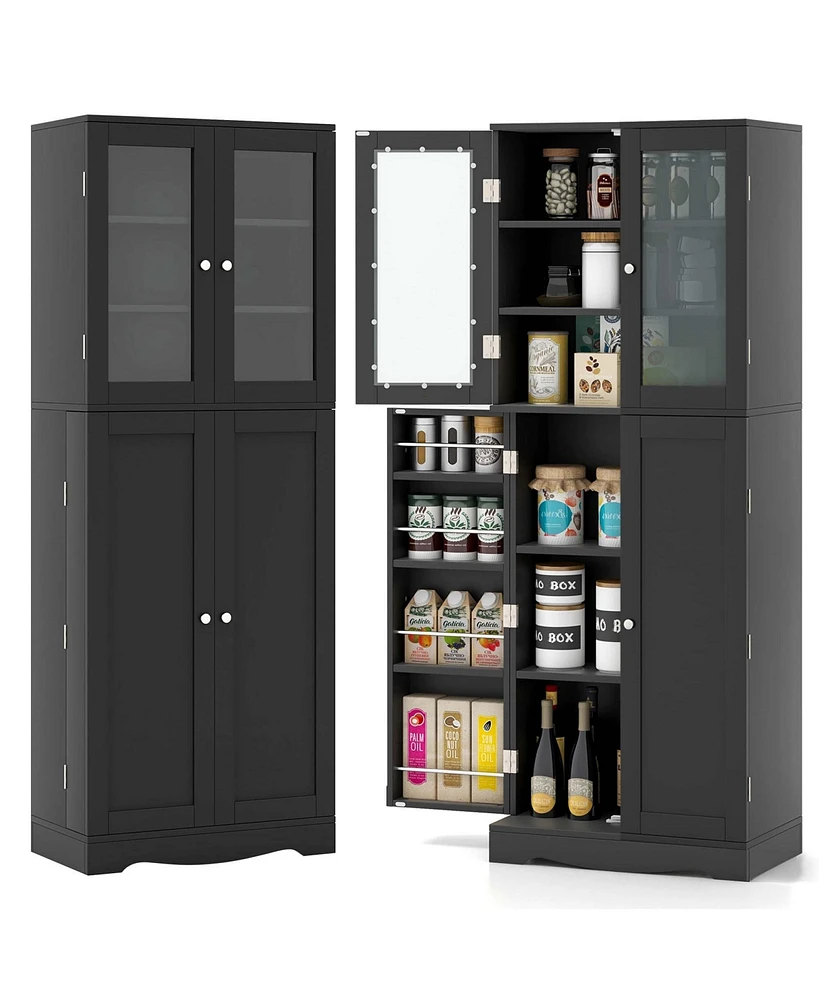 63.5" Tall Kitchen Pantry Storage Cabinet with Glass Door Shelves
