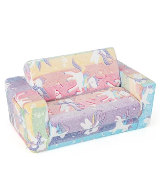 2-in-1 Flip Out Kids Sofa Chair with Detachable Flannel Fabric Cover and Glowing Patterns