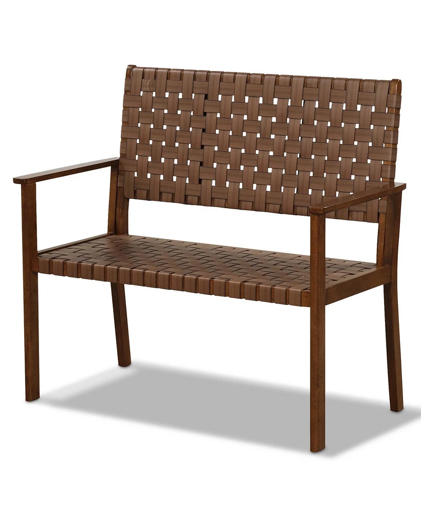 Patio Loveseat All Weather Bench with Solid Rubber Wood Frame&Hand Woven Pu Leather
