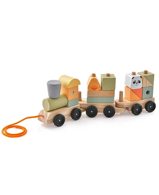 Kids Wooden Train Set Toddler 3-Section Toy Train with Stackable Building Blocks
