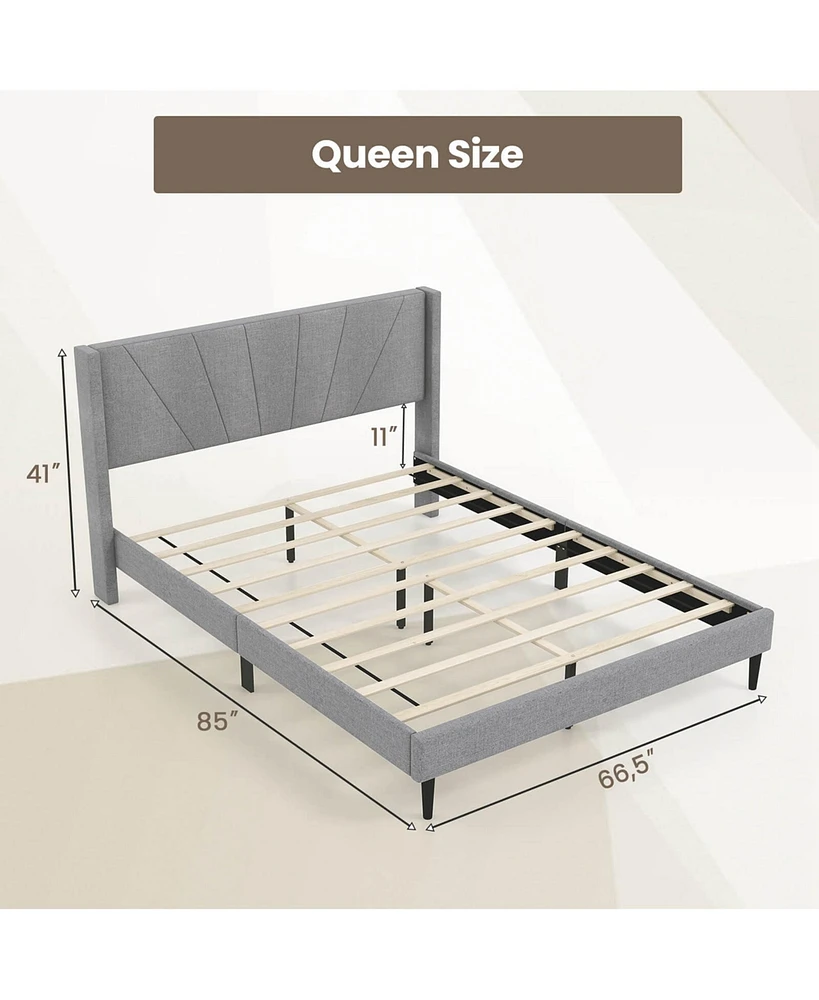 Costway Queen Bed Frame Modern Platform with Linen Upholstered Wingback Headboard