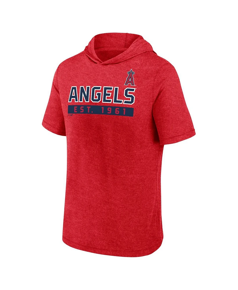 Fanatics Men's Heather Red Los Angeles Angels Push Short Sleeve Pullover Hoodie