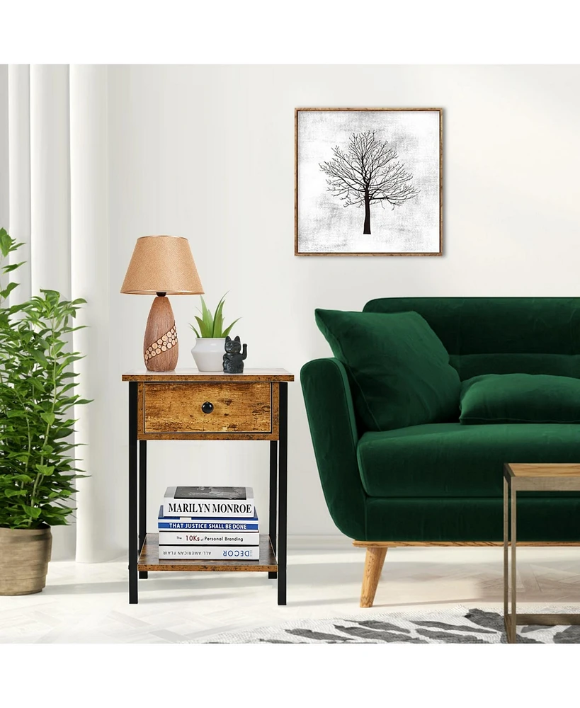 Industrial End Side Table Nightstand with Drawer Shelf-Rustic Brown