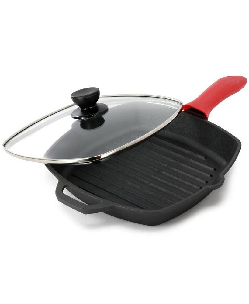 MegaChef 10.4 Inch Pre-Seasoned Cast Iron Griddle with Tempered Glass Lid