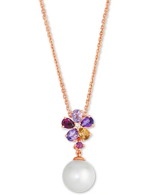 Le Vian Vanilla Pearl (10mm), Multi-Gemstone (3/4 ct. t.w.), & Nude Diamond Accent Flower Adjustable 19" Pendant Necklace in 14k Rose Gold