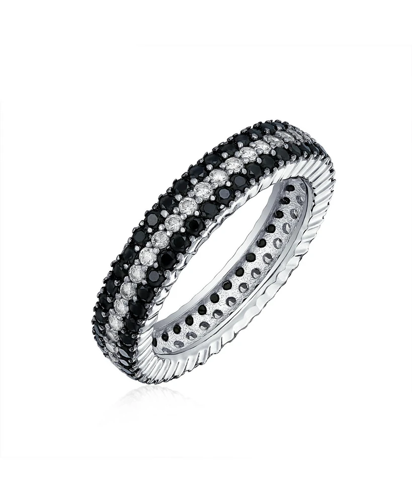 Bling Jewelry Pave Cubic Zirconia Two Tone 3 Row Stripe Cz Statement Black & White Eternity Band Ring .925 Sterling Silver