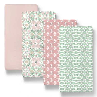 The Peanutshell Botanical Elephant Bassinet Sheets for Newborn Baby Girl, 4 Pack Set