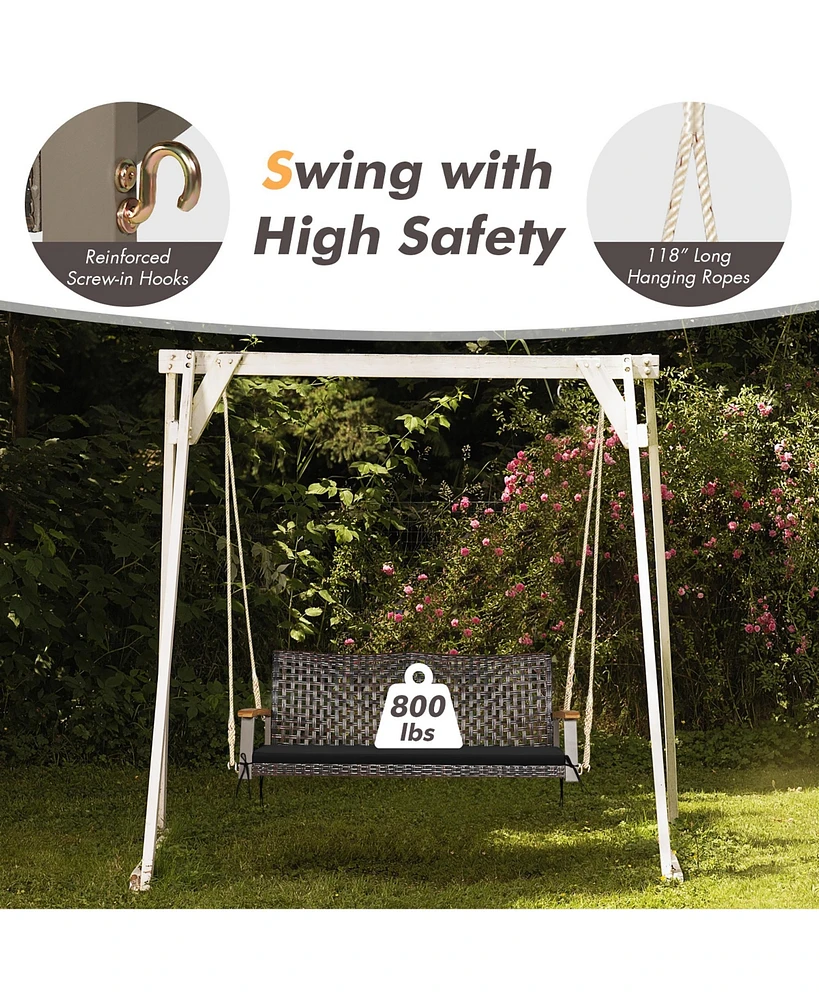 2-Person Patio Rattan Hanging Swing Chair Porch Loveseat Cushion Off White