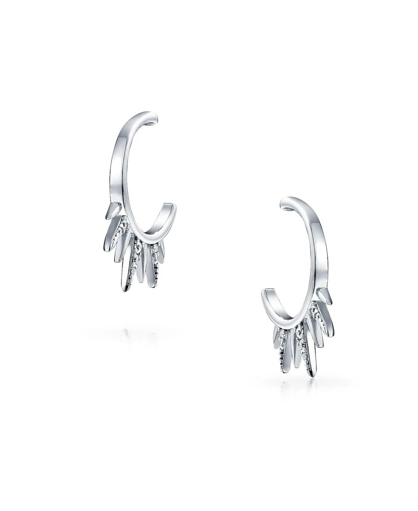 Bling Jewelry Punk Rocker Goth Biker Jewelry Points Arrow 5 Spike Half Hoop Stud Earrings Cubic Zirconia Pave Cz Accent .925 Sterling Silver