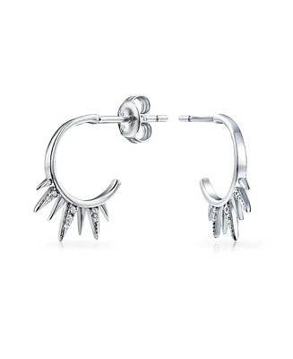 Bling Jewelry Punk Rocker Goth Biker Jewelry Points Arrow 5 Spike Half Hoop Stud Earrings Cubic Zirconia Pave Cz Accent .925 Sterling Silver