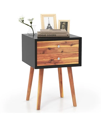 Gymax Wooden Nightstand Mid-Century End Side Table Living Room W/2 Storage Drawers