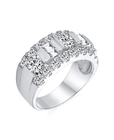 Bling Jewelry Channel Set Cz Alternating Round Baguette Wide Couples Art Deco Style Band Ring .925 Sterling Silver 9MM